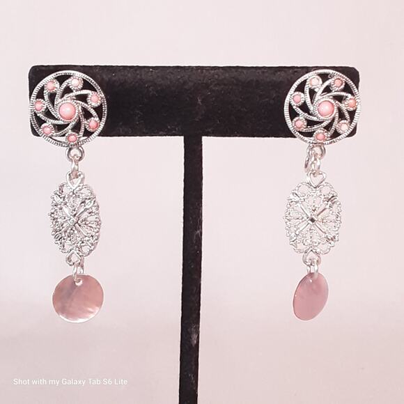 Silver Tone Filagree Dangle Drop Earrings Tiny Pink Stones - Picture 1 of 9